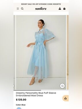 Sunfere Blue Puff-Sleeve Embroidered Maxi Dress